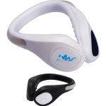 A white and black LED clip-on shoe light with a flexible design and a logo. Suitable for outdoor use.