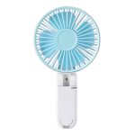 A rechargeable folding hand-held fan in blue and white with a compact design and a built-in logo.