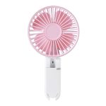 A pink and white rechargeable folding hand-held fan with a circular design and a branded logo on the handle.