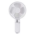 A white rechargeable folding hand-held fan with a circular blade design and a compact handle.