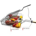A barbecue net with a black metal grill, featuring assorted vegetables and meats inside, attached to a wooden handle.