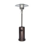 A bronze outdoor floor stand patio heater with a glass top, featuring a central column and base.