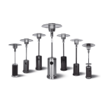 A range of outdoor floor stand patio heaters in silver and black, featuring various heights and designs.