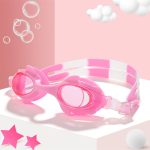 Children's swimming glasses in pink with a white adjustable strap, featuring a playful design and a logo.
