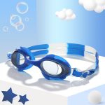 Blue children’s swimming goggles with clear lenses and a soft strap, set against a pastel background with clouds and bubbles.