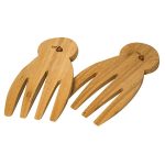 Bamboo salad hands in light brown, featuring a logo, with a fork-like design for serving salad.