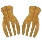 Bamboo salad hands in a natural finish, featuring a branded logo on one side.