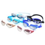 A collection of adult swimming eyeglasses in various colours, including blue, black, and clear, with varying designs.