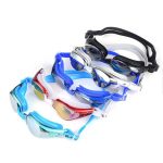 A collection of adult swimming eyeglasses in various colours, including blue, black, red, and clear, with a logo.