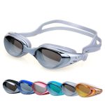 Adult swimming eyeglasses in grey with a sleek design, featuring tinted lenses and various colours displayed below.