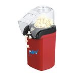 A red popcorn machine with a clear top, displaying popped popcorn spilling out. It features a branding logo.