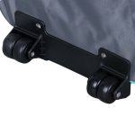 Black wheels of a foldable trolley with a grey cooler bag, featuring a sturdy base for easy mobility.
