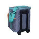 A foldable trolley cooler bag in grey, with turquoise accents and a black wheeled handle. It features a side mesh pocket.