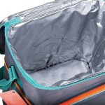 A foldable trolley rolling cooler bag in grey with turquoise accents and an insulated interior. It also features a zipper.