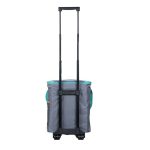A foldable trolley cooler bag in grey with a teal interior, featuring a pull-out handle and wheels for easy transport.