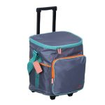 A foldable trolley rolling cooler bag in grey with turquoise and orange accents, featuring a retractable handle and exterior pockets.