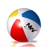 A beach ball featuring yellow, blue, red, and white panels, with a logo on its surface.