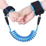 Child anti-lost wrist straps feature a blue coiled connector and black adjustable cuffs for secure attachment.