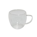 A transparent double wall glass mug with a curved shape and a handle. Features a simple, elegant design.