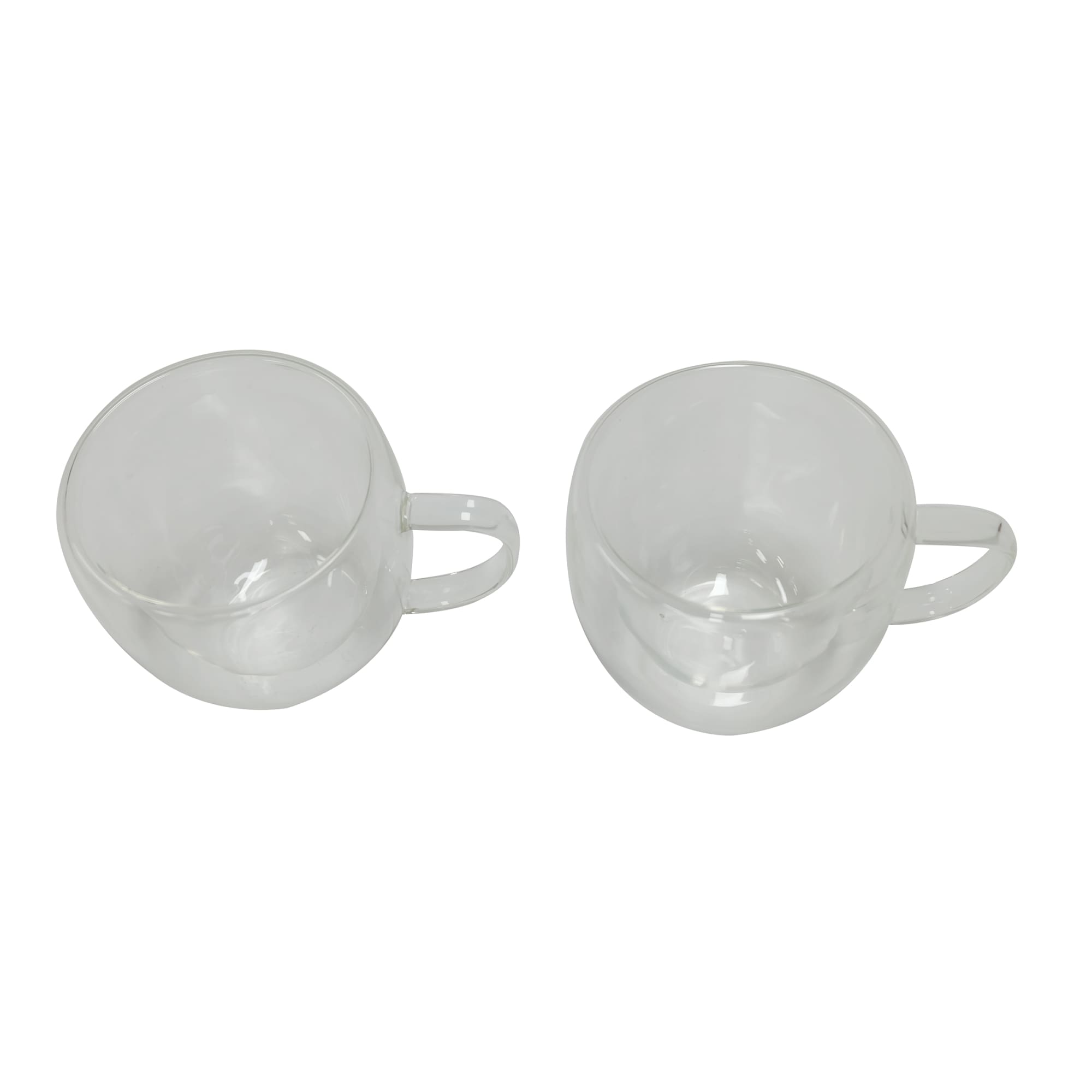 A pair of clear double wall glass mugs with handles, featuring a simple and elegant design. A pair of clear double wall glass mugs with handles, featuring a simple and elegant design.
