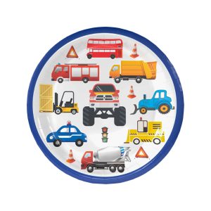 A round paper plate featuring colourful illustrations of various vehicles and construction signs on a white background.