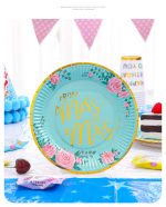 A round paper plate in teal with pink roses, featuring the text "From Miss to Mrs" in yellow. It has a decorative edge.