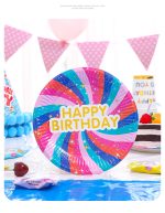 A 7-inch round paper plate featuring a vibrant swirl design in pink, blue, and white with a "Happy Birthday" message.