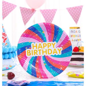 A 7-inch round paper plate featuring a vibrant swirl design in pink, blue, and white with a "Happy Birthday" message.