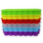 A stack of silicone ice cube trays in green, yellow, red, blue, and purple, featuring lids. Each tray has a wavy design.