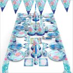 A party tableware set featuring ocean-themed designs in blue, teal, and pink, including plates, cups, and decorations.