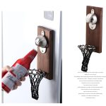 A wooden wall-mounted basketball opener with a metal bottle cap remover and a black net-like holder for bottles.