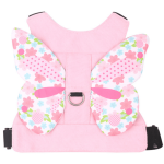 A pink backpack featuring butterfly-shaped straps adorned with flowers and polka dots, equipped with a metal ring.