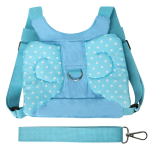 A blue child anti-lost back strap with polka dot wing designs and a sturdy attachment clip.
