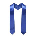 A blue graduation stole with a shiny finish, featuring a V-shaped design at the neck and long, flowing ends.