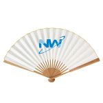 A folding fan with a white fabric surface and wooden handle, featuring a logo in the centre.