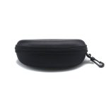 A black sunglass case with a clip, featuring a sturdy zipper and a textured surface.