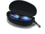 A black sunglass case with a clip, containing sunglasses with blue lenses inside.