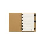 A recycled jotter notepad notebook in brown with a spiral binding and a black pen attached.