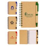 Recycled notepad notebook with pens in various sizes and colours, featuring logos and spiral bindings.