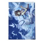 A blue plastic pocket folder featuring a whimsical design with birds and a girl against a cloudy background.