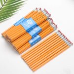 A bundle of round orange pencils with erasers, featuring a logo on a label.