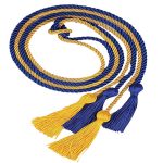 A graduation honour cord featuring blue and gold twisted strands with three tassels at one end.