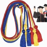 A set of graduation honour cords in red, blue, and gold, featuring tassels at each end. The image includes a logo.