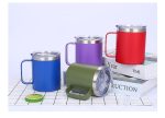 A drink bottle collection featuring four stainless steel mugs in blue, purple, red, and green, with clear lids and handles.