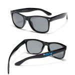 A pair of black sunglasses with grey lenses and a logo on the temple, presented with a glasses bag.