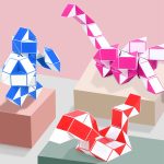 Three colourful 24 Segments Magic Rulers in blue, pink, and red, forming various shapes on pastel backgrounds.