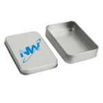 A silver tinplate box with a detachable lid and a logo on the front.