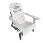A white folding Adirondack chair with a logo on the backrest.