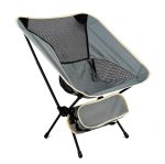 A folding fishing chair in grey with a mesh seat and a travel bag attached for easy transport.