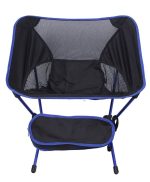 A folding chair in black with blue accents, featuring a mesh back and a lower storage pocket. It includes a travel bag.